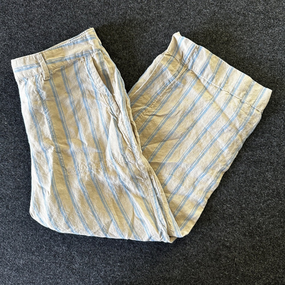 J Jill Love Linen Wide Leg Striped Pants Tan Blue Cropped Trousers Womens Medium
